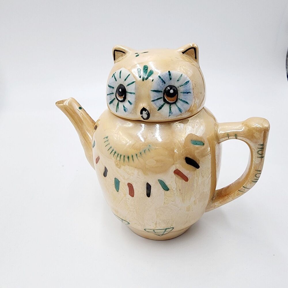 Vintage Pier 1 Owl Teapot Peach Lusterware Glazed Porcelain 5" Tea for One Cute